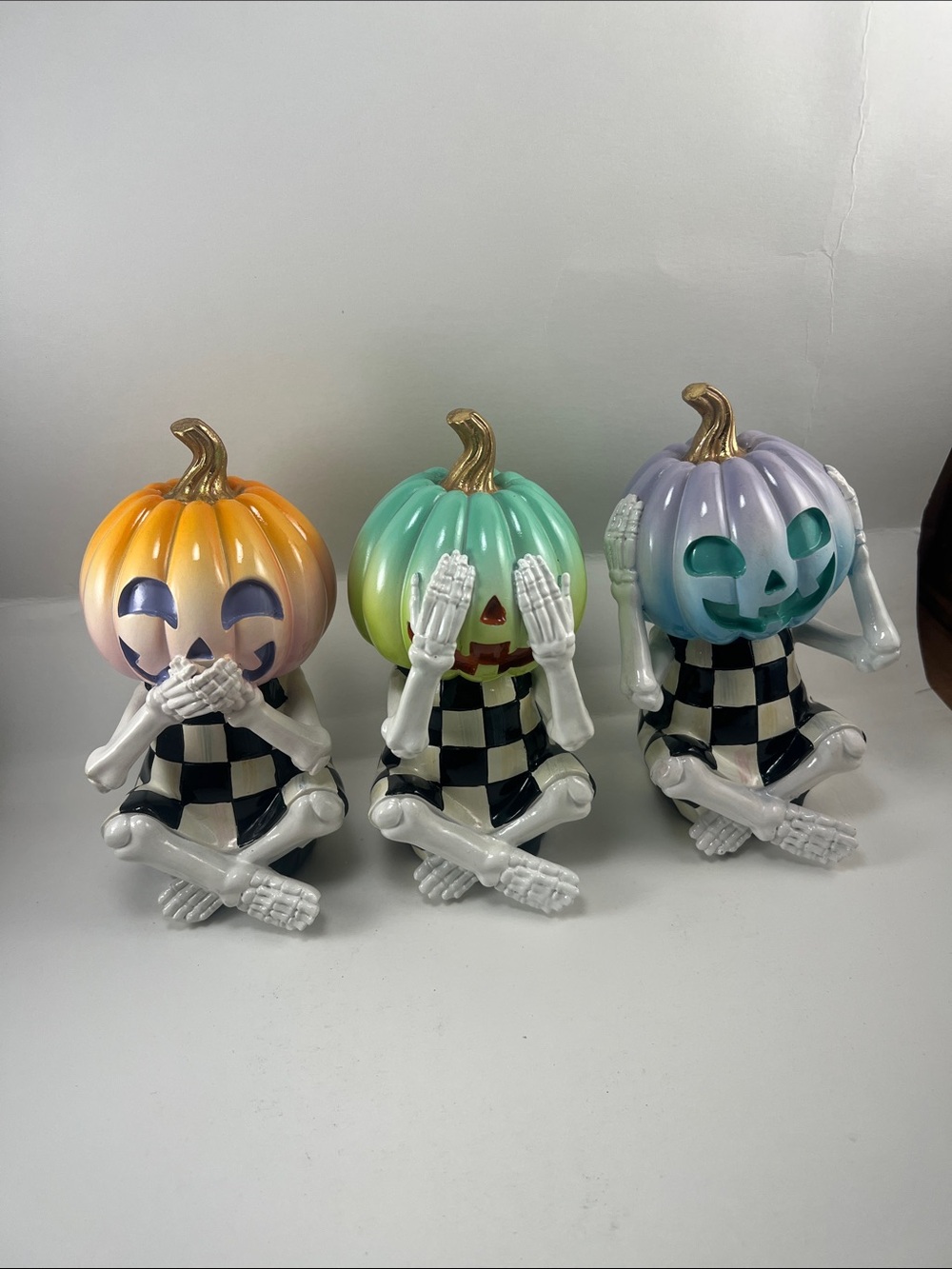 Pastel Pumpkin Skeleton Figurine Trio - Orange, Green, Purple RARE